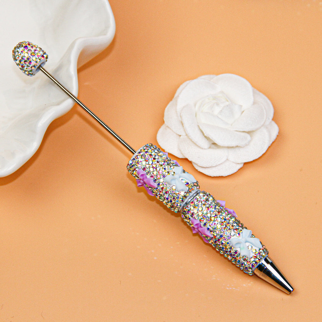 Bow White Rhinestone Beadable Pen