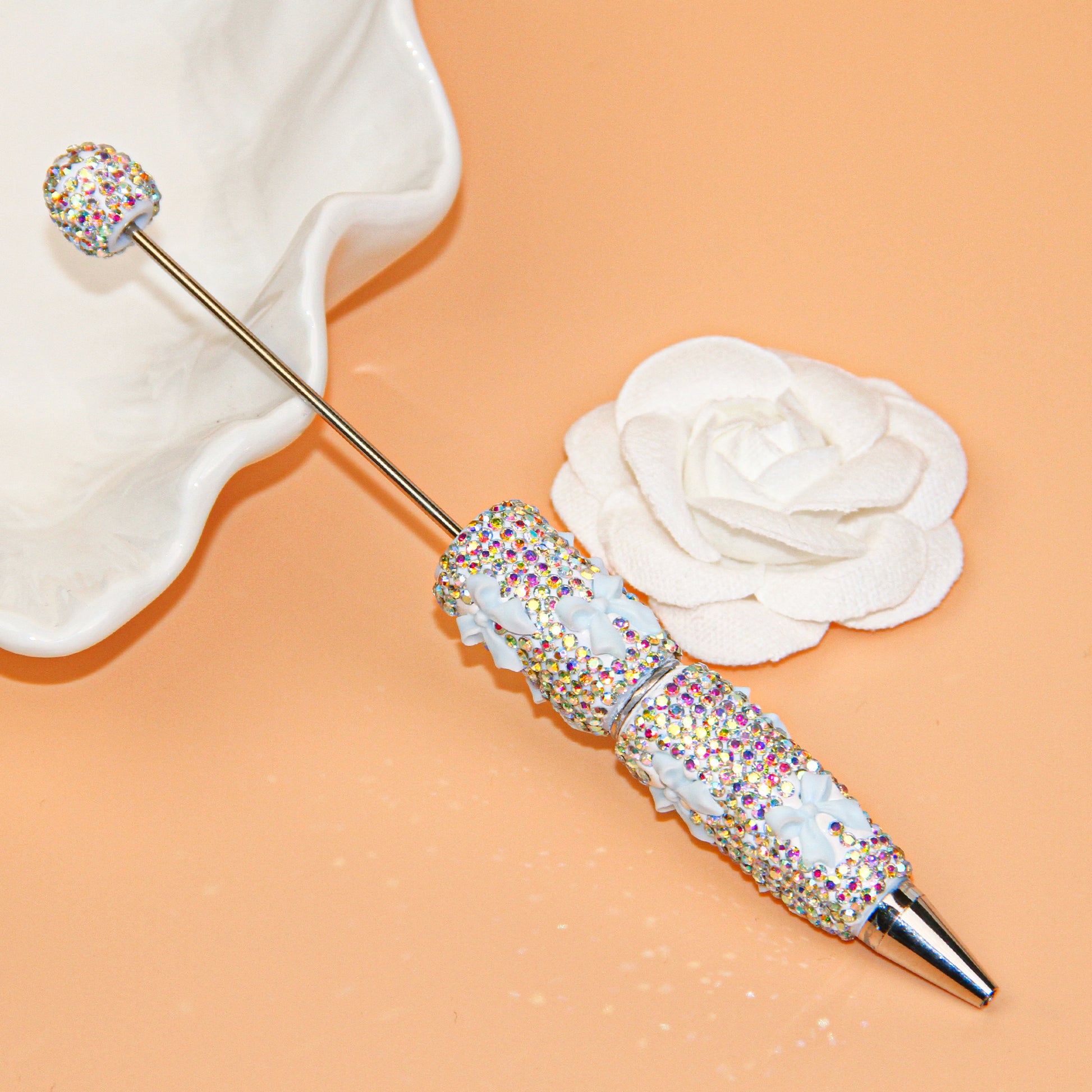 Bow White Rhinestone Beadable Pen