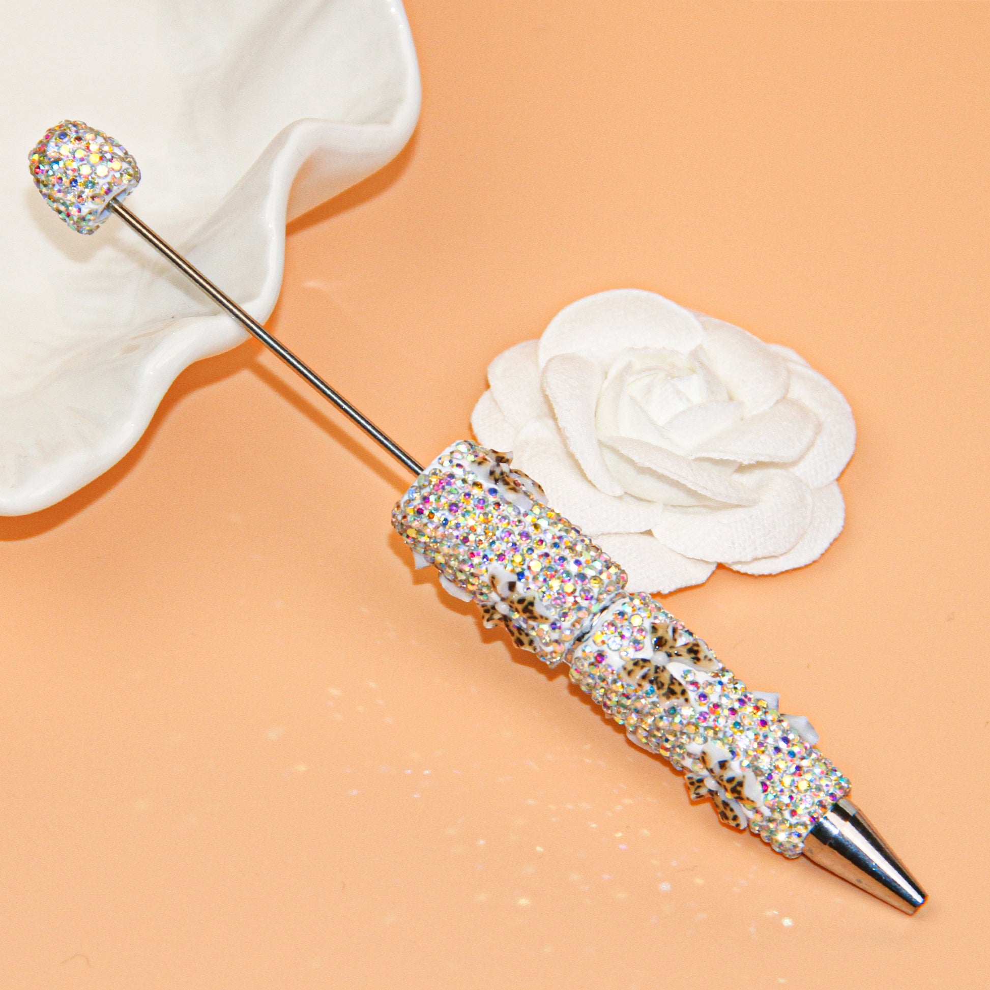 Bow White Rhinestone Beadable Pen