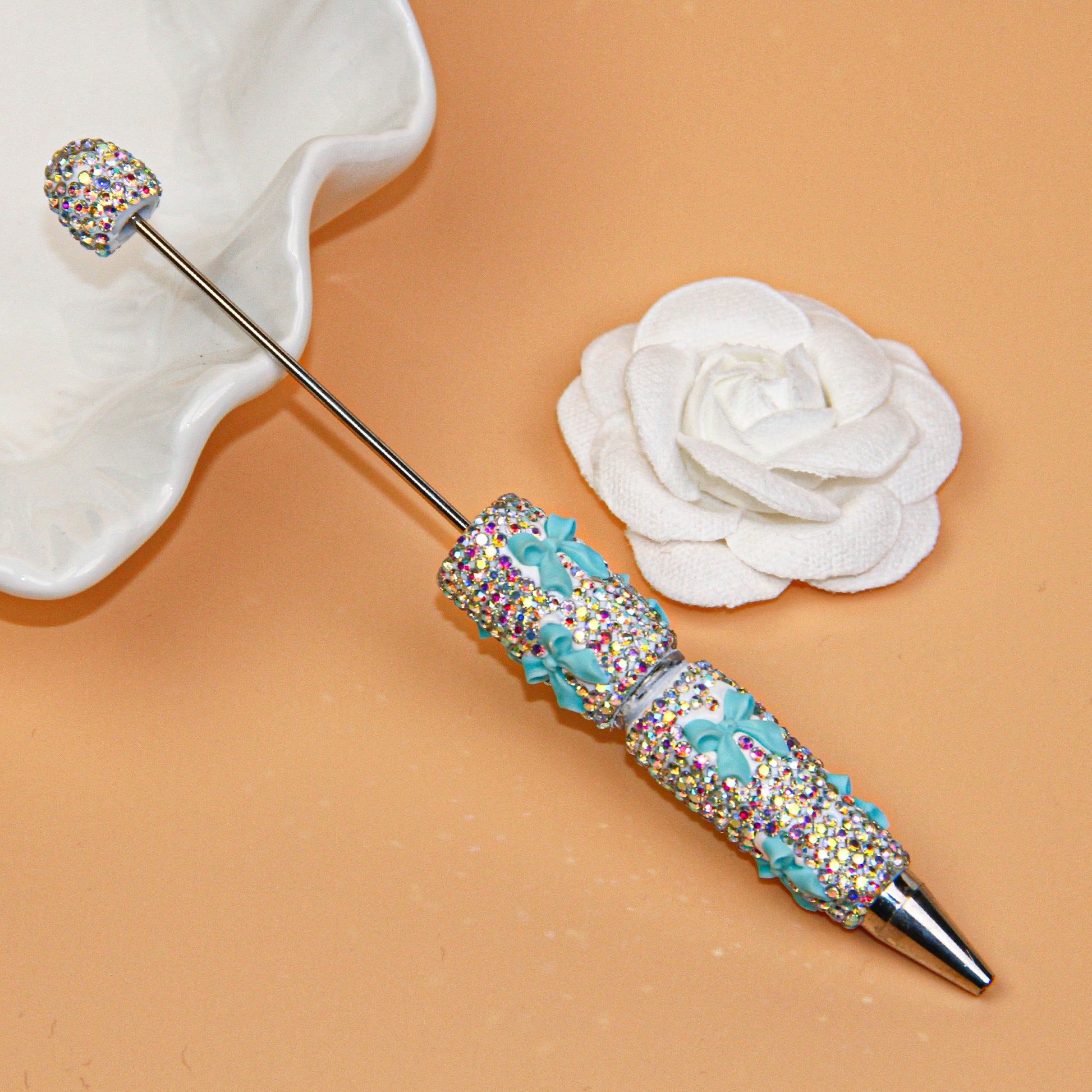 Bow White Rhinestone Beadable Pen