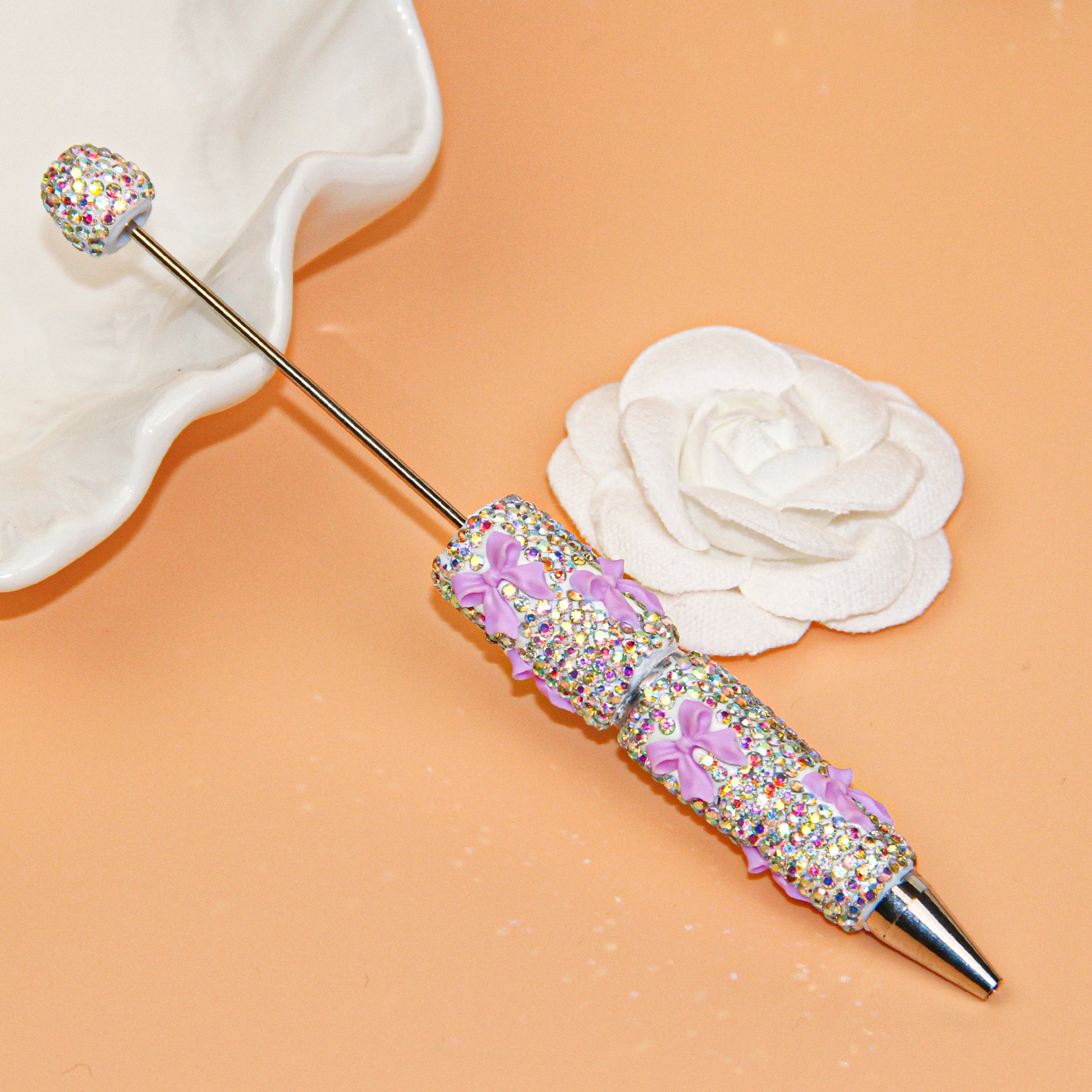 Bow White Rhinestone Beadable Pen