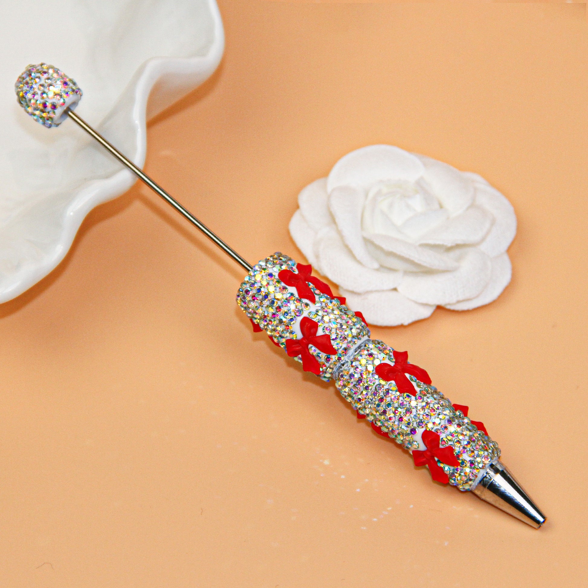 Bow White Rhinestone Beadable Pen