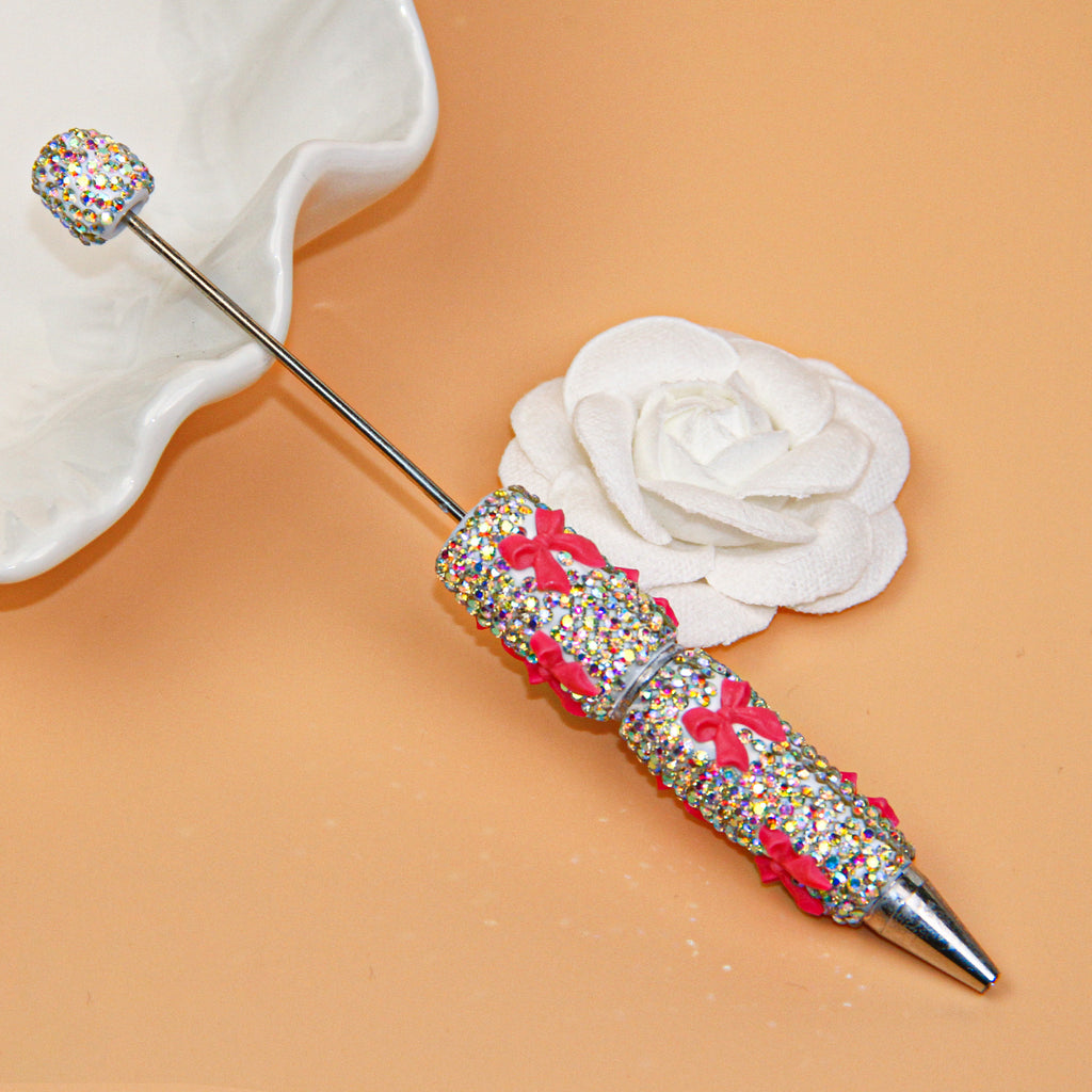 Bow White Rhinestone Beadable Pen