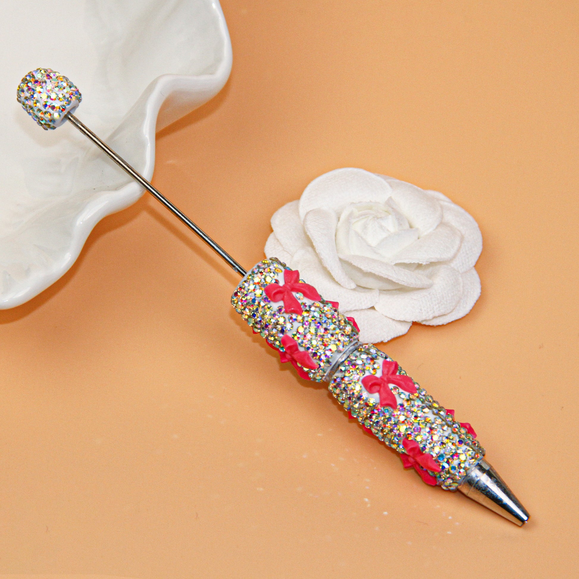 Bow White Rhinestone Beadable Pen