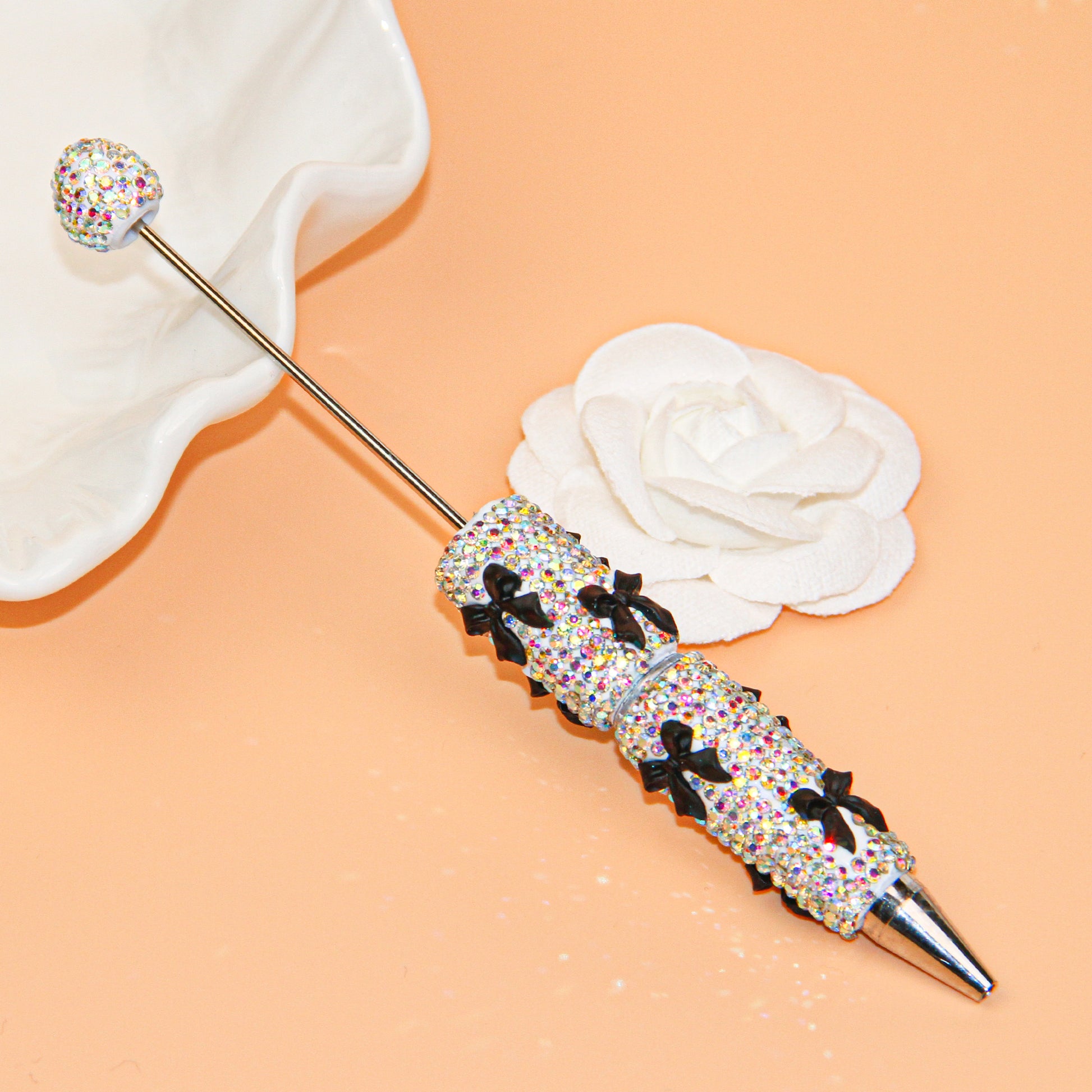 Bow White Rhinestone Beadable Pen