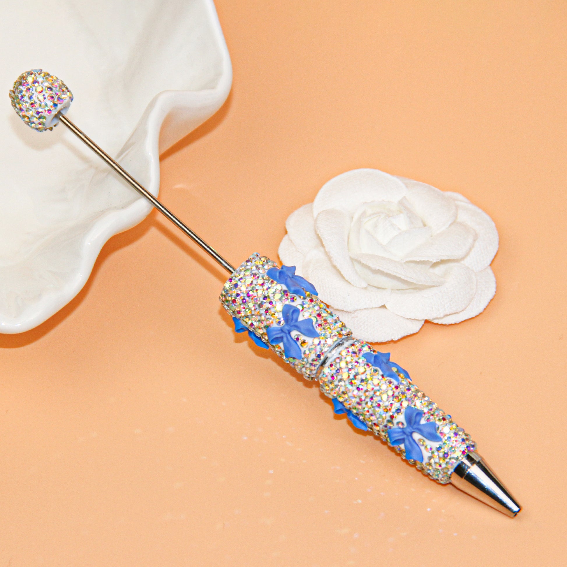 Bow White Rhinestone Beadable Pen
