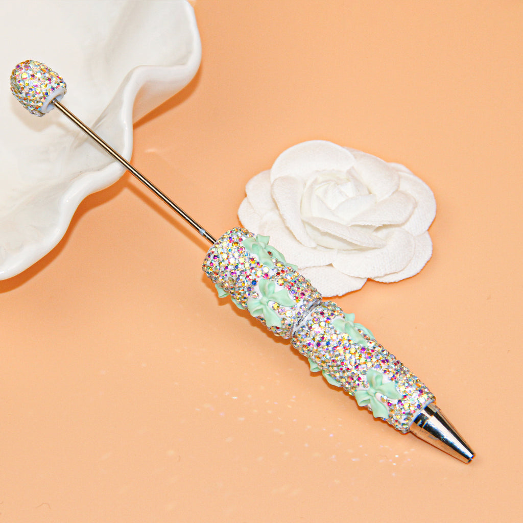 Bow White Rhinestone Beadable Pen